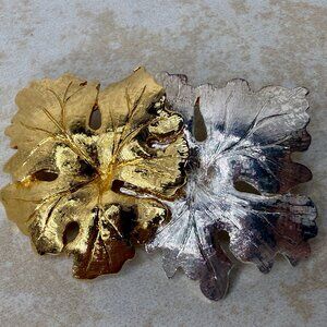 Vintage Gold & Silver Tone Double Maple Leaf's Brooch Textured Mirror Finish
